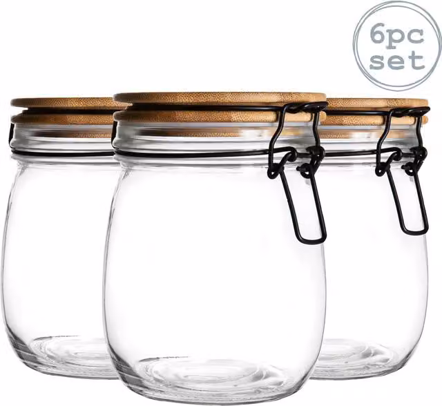 Argon Tableware Transparent Glass Storage Jar with Wooden Clip Lid, 0.75 l, Pack of 6