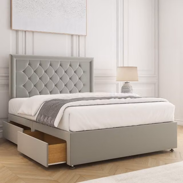 BSSPOKE Nova Plush Velvet Small Double Divan Bed Set with 4 Drawers, 24 inch Headboard and Mattress in Silver, W/D/H: 120 x 200 x 30.48 cm