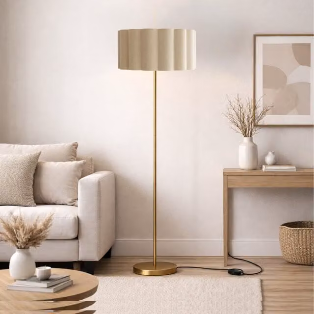 CGC Lena Brushed Gold Straight Floor Lamp with Large Scalloped Oatmeal Fabric Lampshade, Height: 163 cm, Shade Diameter: 48 cm