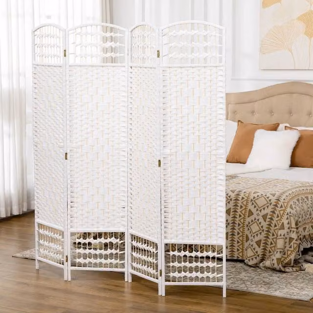 KORVIXA 4 Panel Rattan and Bamboo Folding Room Divider Privacy Screen in White