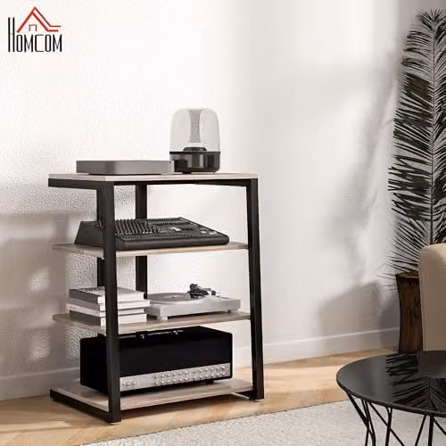 HOMCOM Industrial HiFi Stand and Media Storage Shelf in Grey with 4 Tiers and Metal Accents, W/D/H: 79.0 x 60.5 x 60.0 cm – 2
