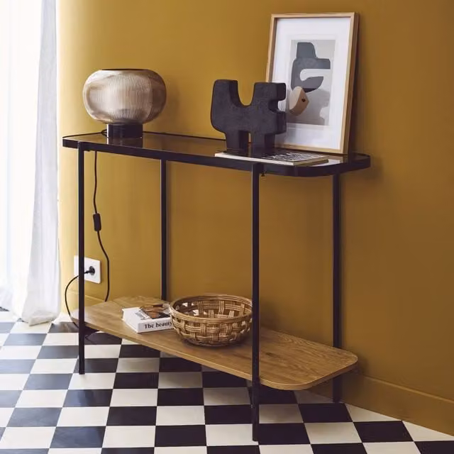 Sweekeek Vintage Console Table with Black Metal Frame and Light Brown Wood Effect Glass Top, W: 110 cm, D: 39 cm, H: 76 cm