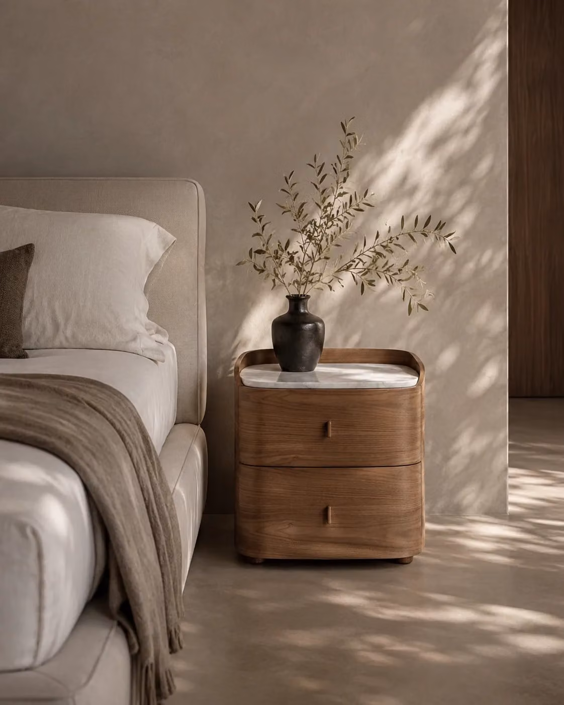 Tommy Franks Vertu Bedside Table in Walnut and Brown