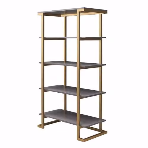 DHP Camila 5 Shelf Bookcase in Grey and Gold, W: 76.2 cm, D: 40.0 cm, H: 141.0 cm