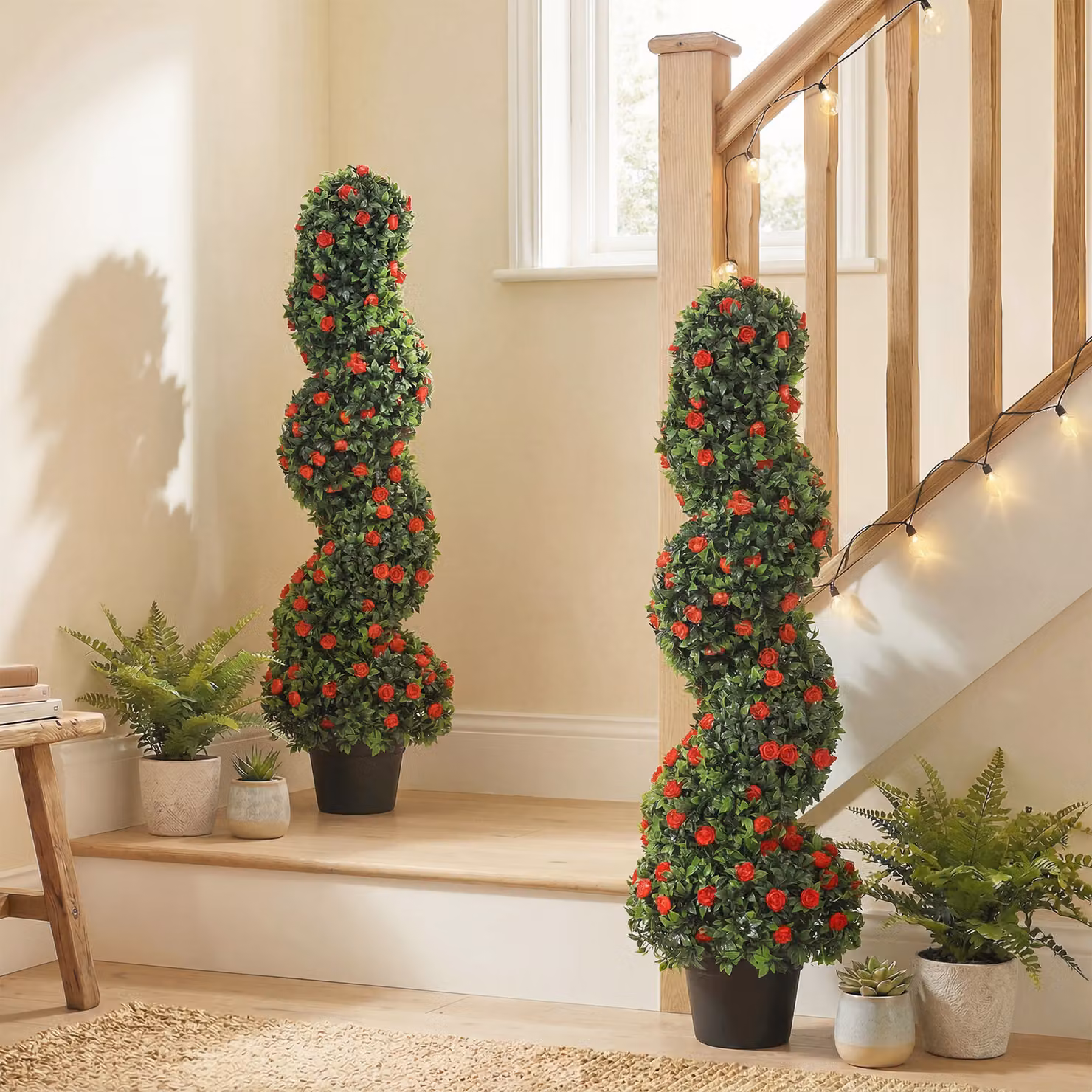 HOMCOM Set of 2 Red Artificial Rose Spiral Topiary Trees, Height: 90 cm – 2