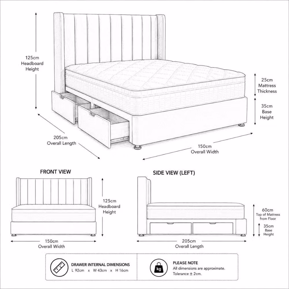 Stratus Interiors Oulton Wingback Divan Bed with Panel Headboard and 2 Drawers in Brown, W/D/H: 120 x 200 cm – 3