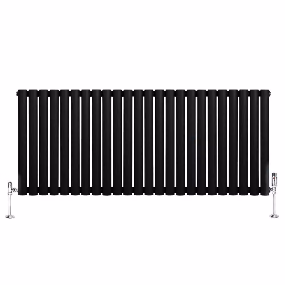 Monstershop Oval Single Column Steel Radiator and Valves with Thermostat Head, Black, H 144 cm x W 60 cm x D 6 cm – 2