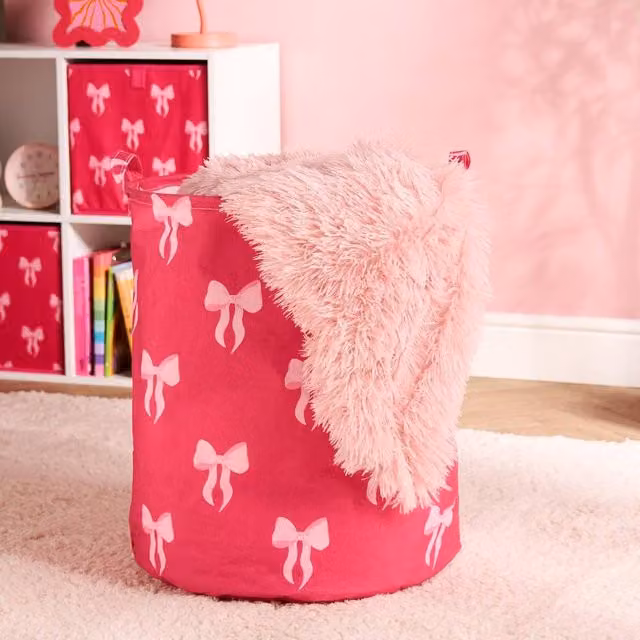 OHS Kids Bows Print Fabric Laundry Basket and Toy Organiser with Handles, Pink – 1