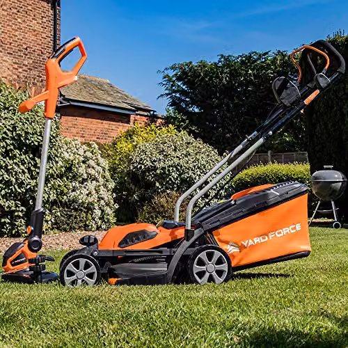 Yard Force 40V Cordless Lawn Mower and Grass Trimmer Set in Orange, featuring a 32cm Brushless Mower with Rear Roller, 30cm Strimmer, 30L Collection Bag, Battery and Charger Included – 2