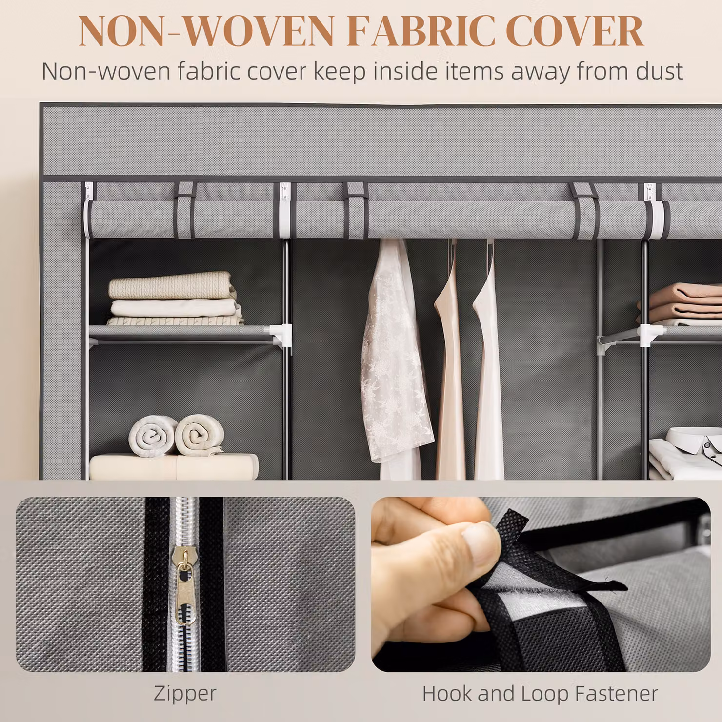 HOMCOM Foldable Fabric Clothes Storage Organiser with Hanging Rail and Shelves, Grey, H: 162.5 cm x W: 150.0 cm x D: 3.3 cm – 3