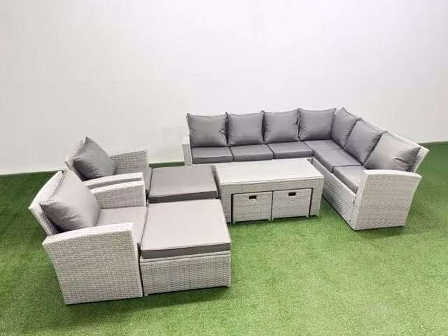 Fimous 9 Piece Rattan Outdoor Furniture Set with Sofa, Coffee Table and 2 Chairs in Light Grey