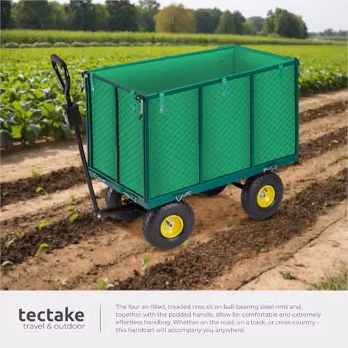 tectake Garden Trolley with Quick-Release Folding Sides, Removable Inner Lining and Pneumatic Tyres, Green – 4