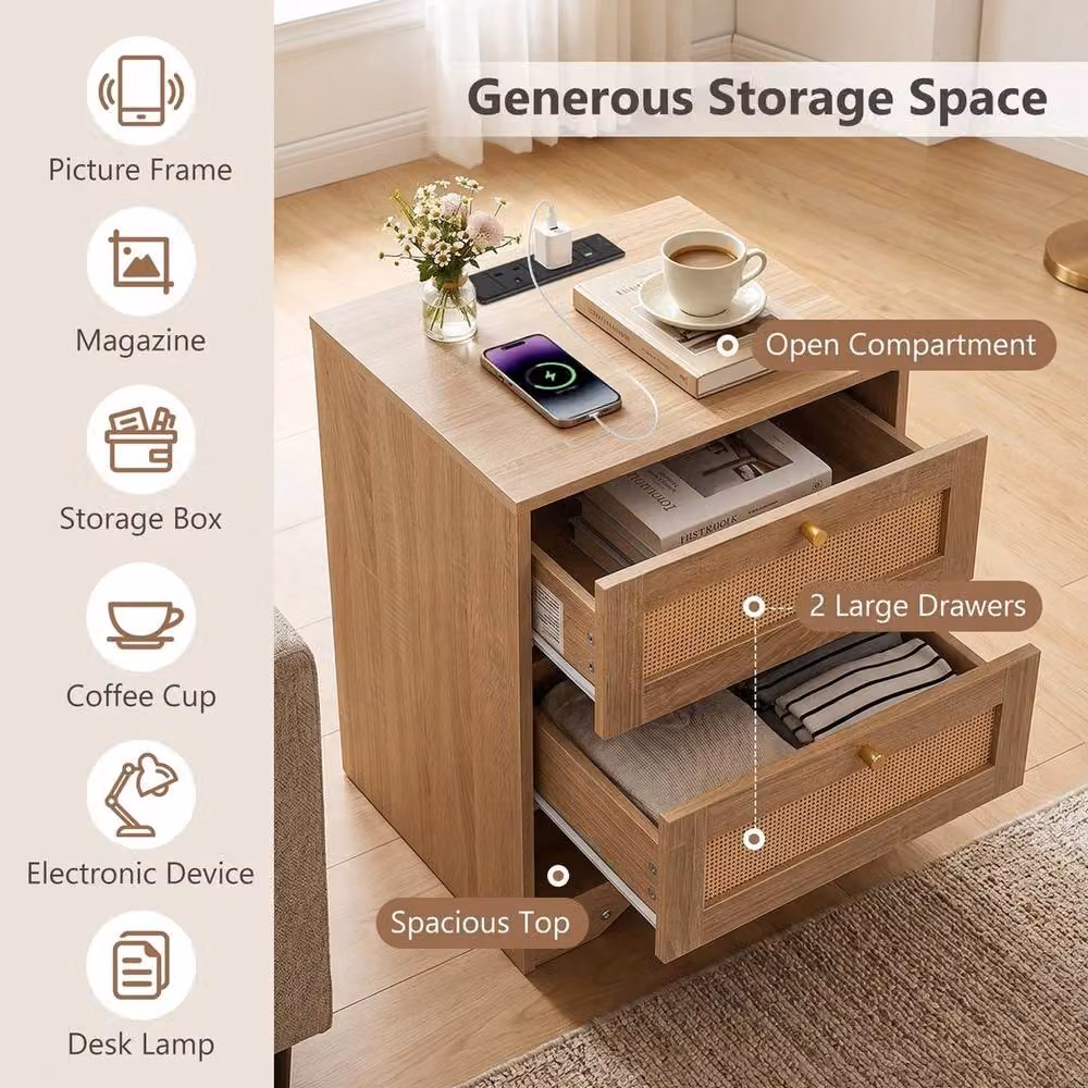 NESTLUNE Brown Nightstand with Integrated LED Light and 2 Drawers, W: 100 cm, D: 15 cm – 4