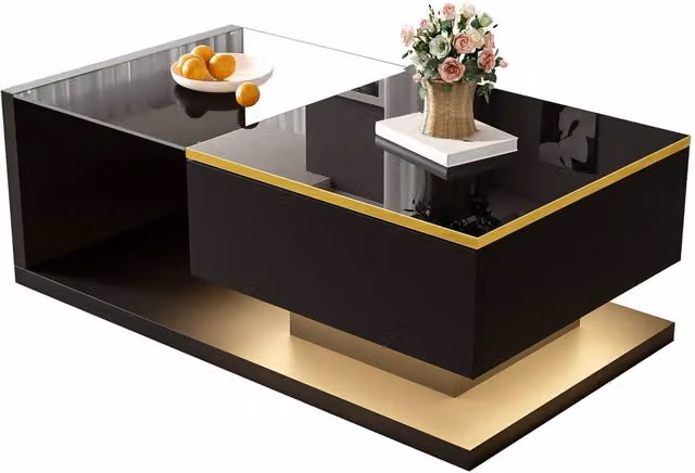 Rolipo Modern High Gloss Black Coffee Table with LED Lights and Glass Top, W: 90 cm – 1