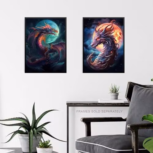 Artery8 Set of 2 Modern Mythical Dragon and Full Moon Fantasy Serpent Wall Art Prints, Multicolour, A4 – 4