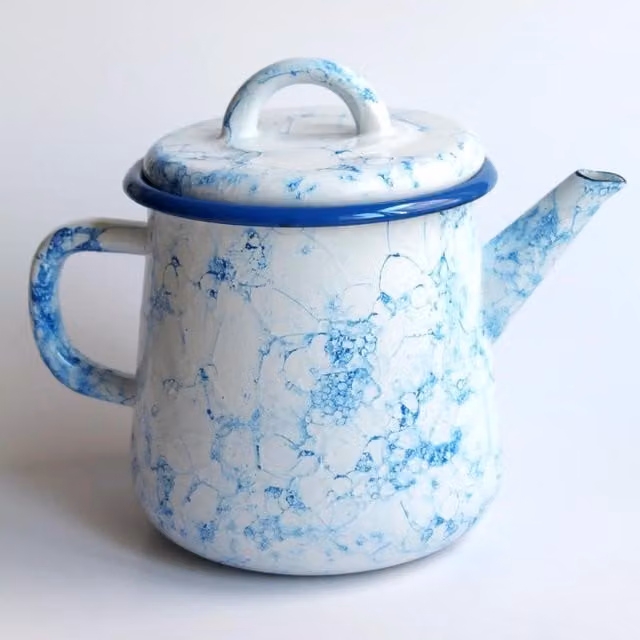 Elifle Bubble Series Enamel Teapot in White with Cobalt Blue Rim