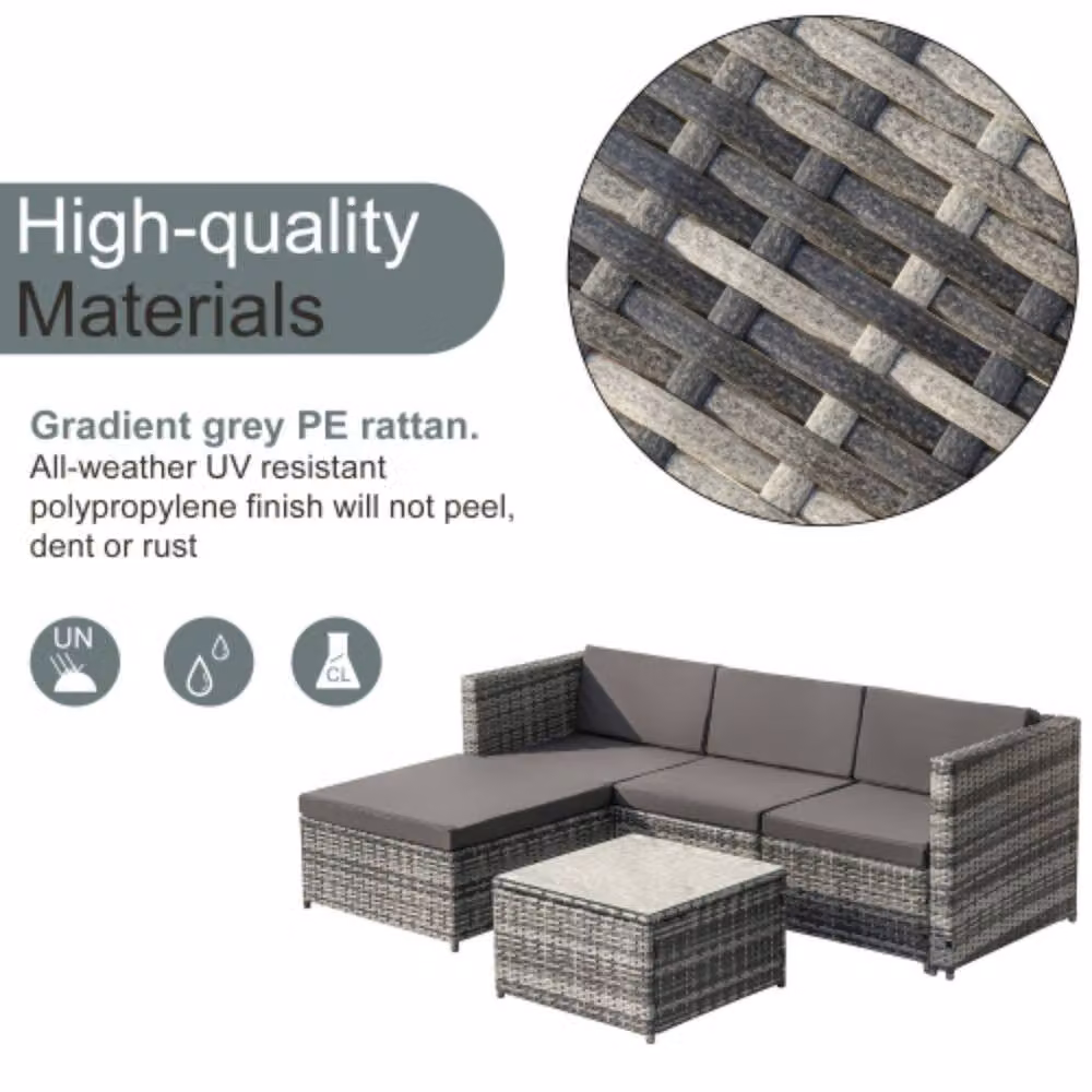 Tokpiedi Modern L-Shape Grey Polyrattan Outdoor Furniture Set with 2-Seater Sofa, Coffee Table, Ottoman and Upholstered Cushions – 4