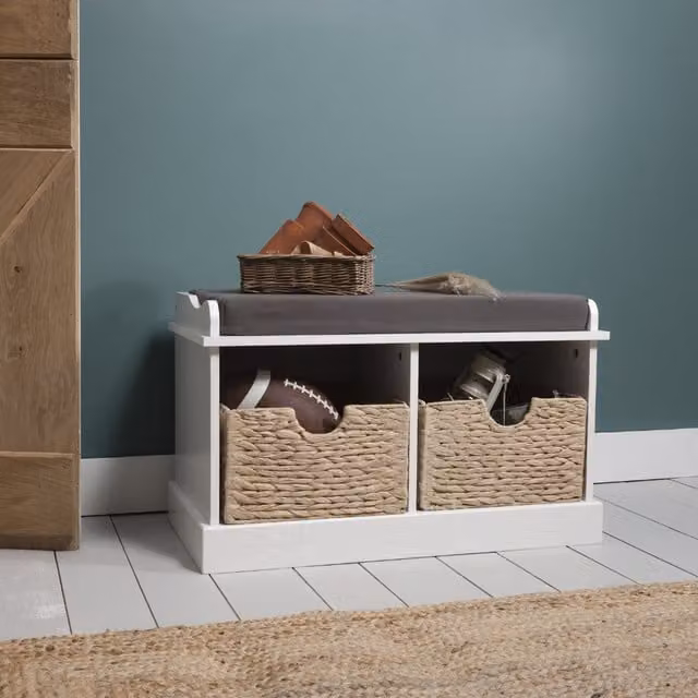 Noa and Nani Stockholm Storage Bench with 2 Rattan Baskets in White