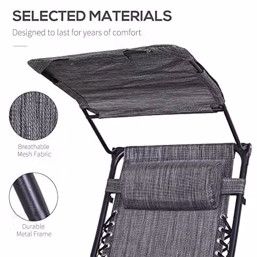 Outsunny Grey Zero Gravity Foldable Reclining Garden Chair with Sun Canopy, Adjustable Headrest and Side Tray – 4