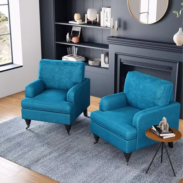 Livingandhome Retro Blue Fabric Armchair with Solid Wood Frame and Armrests
