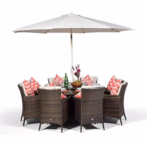 Giardino Savannah 8 Seater Rattan Garden Dining Set with Round Table, Chairs, Parasol and Cover, Brown