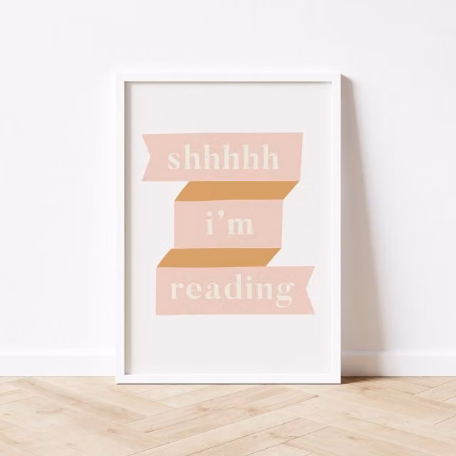 Autumns Corner Shhhh Im Reading Typography Wall Poster, A3, Mustard and Pink