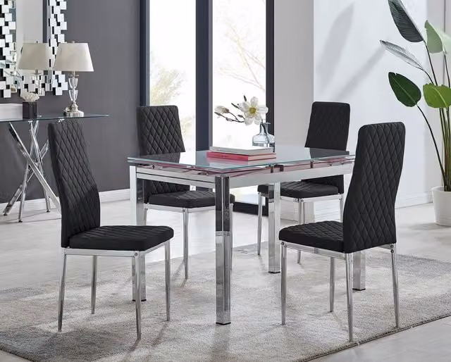 FurnitureboxUK Enna White Glass Extending 4-6 Seater Dining Table and 4 Milan Black Faux Leather Chairs – 1