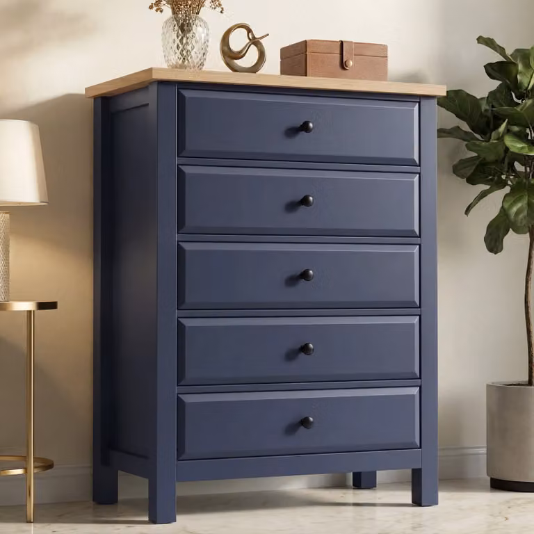 DHS Blue Tall 5 Chest of Drawers with Oak Finish, H 115 x W 93 x D 42 cm