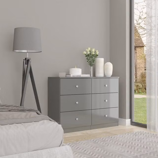 Seconique Denver 6 Drawer Glossy Chest in Grey