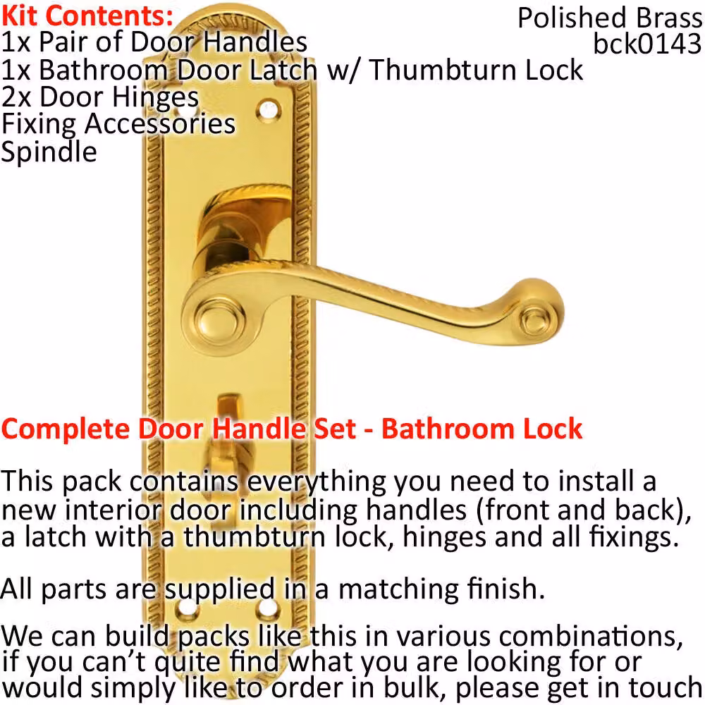 Loops Polished Brass Scroll Lever Door Handle and Bathroom Lock Pack with Reeded Backplate – 2