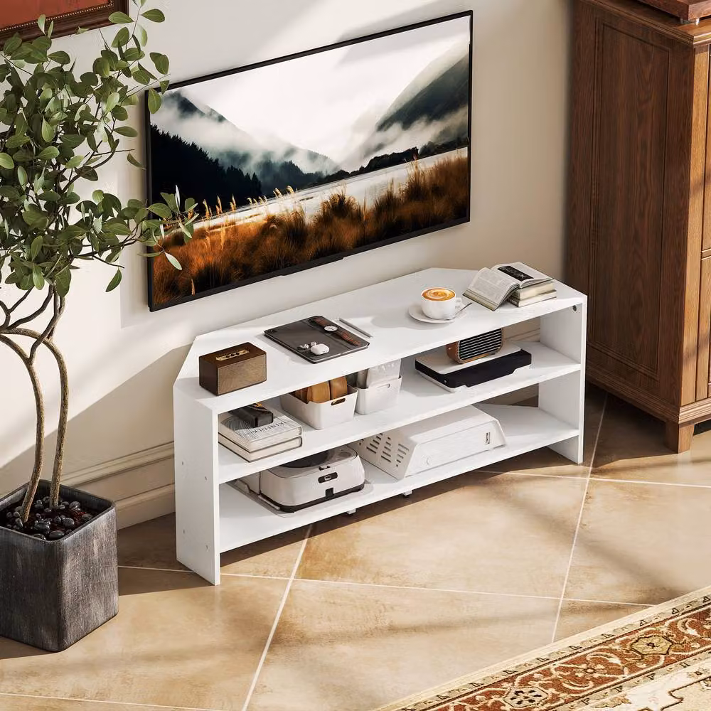 STILVORA Modern White Corner TV Stand with 2 Shelves for up to 47 Inch TVs – 3