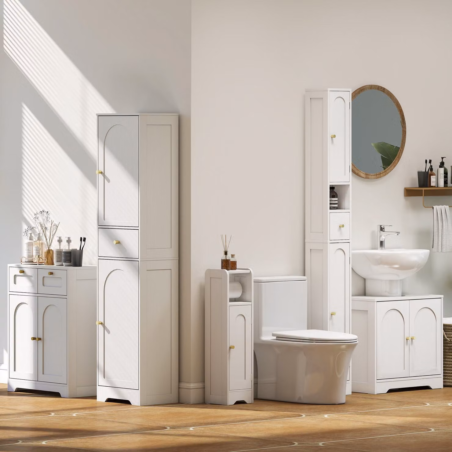 HOMCOM Tall White Modern Bathroom Cabinet with Arched Hinged Doors and Gold Details, H 170 x W 40 x D 20 cm – 2