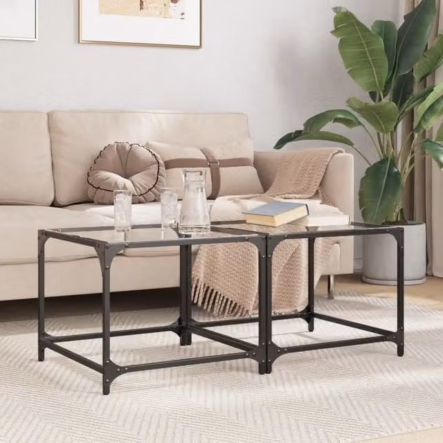 Berkfield Home Set of 2 Modern Square Coffee Tables with Transparent Glass Tops and Grey Steel Frames, W/D/H: 50 x 50 x 40 cm