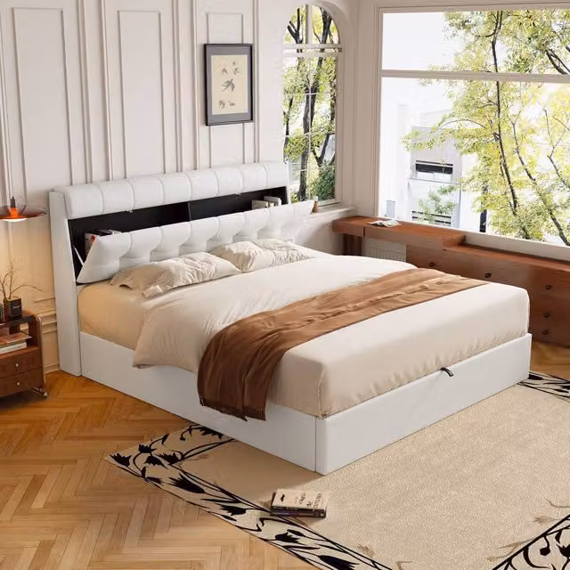 BTM Cream White Upholstered 5ft King Hydraulic Bed with Headboard and Storage W/D/H: 150 x 200 cm