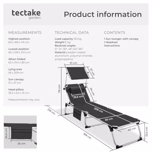tectake Black Aluminium Folding Sun Lounger with Sun Canopy and Adjustable Headrest – 2