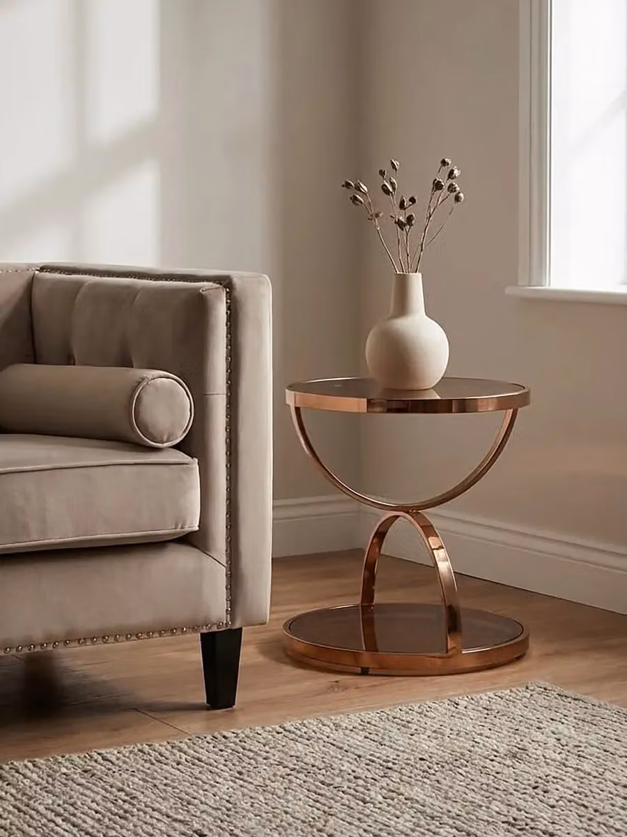 Interiors by Premier Modern Round Gold Glass and Metal Side Table – 3