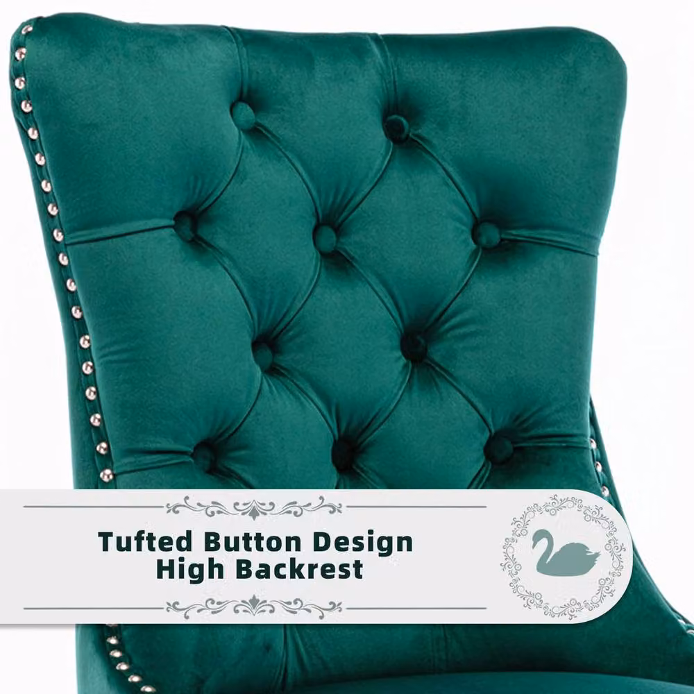 Modern Home Touch Romsey Set of 4 Dark Green Velvet Upholstered Dining Chairs with Oak Legs and Knocker Ring Back – 4