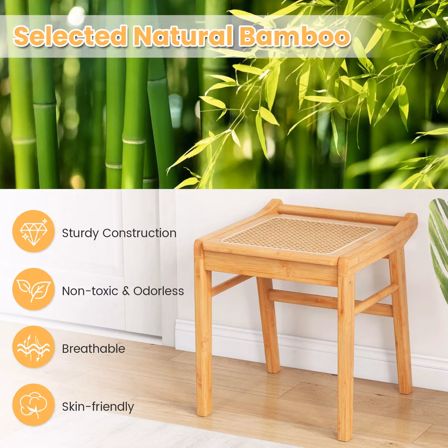 Costway Bamboo Rattan Vanity Stool and Ottoman in Natural Brown – 3