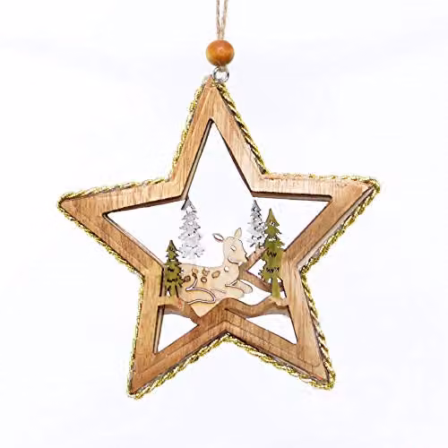 Shatchi Gold Star Shape Lying Deer Wooden Christmas Tree Hanging Decoration