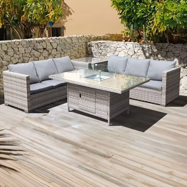 Oseasons Malta Rattan 6 Seat Firepit Corner Set in Dove Grey