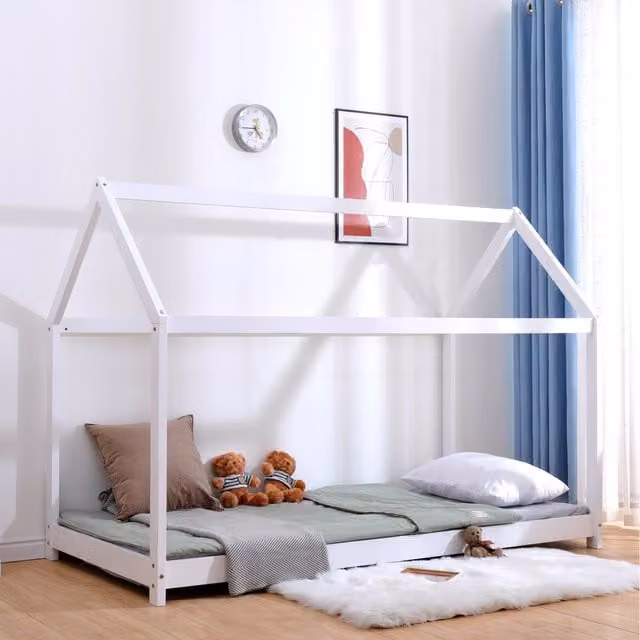 HMD White Lacquered Solid Pine Wood House Bed Frame for Children