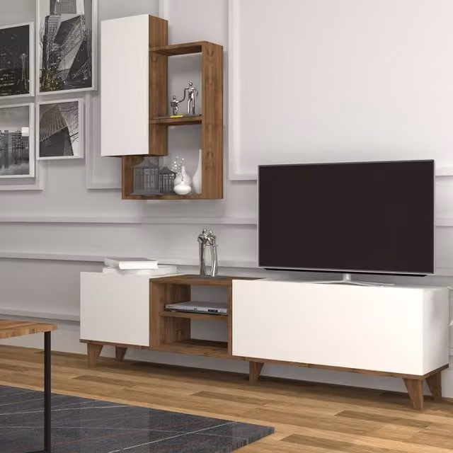 Woohoo Furniture Fennes TV Unit and Wall Shelves for TVs up to 65-inch, White-Walnut and Silver