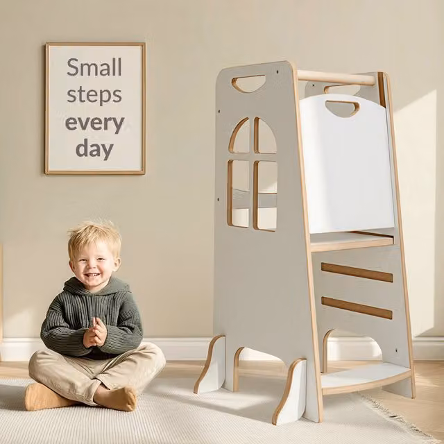 Love For Sleep Montessori Learning Tower Wooden Toddler Helper in White and Pine