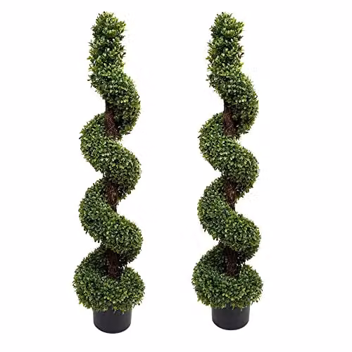 GreenBrokers Set of 2 Artificial Premium Quality Topiary Boxwood Spiral Trees in Black Pots, Green, Height: 120 cm