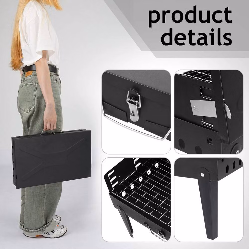 FLAVORA Foldable Portable Mini Charcoal BBQ Grill in Black with Cast Iron Tabletop – 6