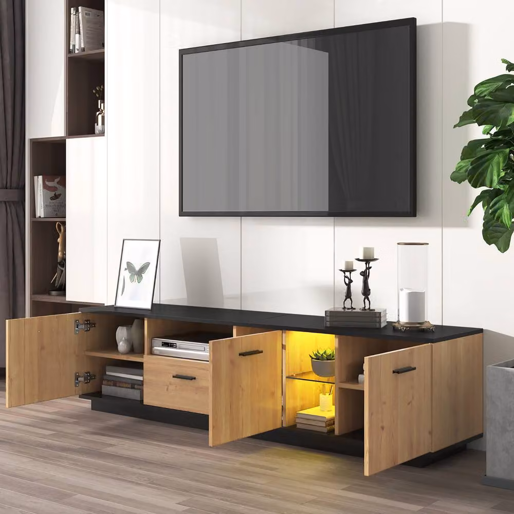 Matteo Retro TV Unit with LED Lights in Black and Wood Effect Finish – 4