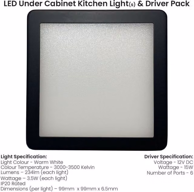 Loops 4x Matt Black Ultra-Slim Square Under Cabinet Kitchen LED Light and Driver Kit with Warm White Diffused Light – 1