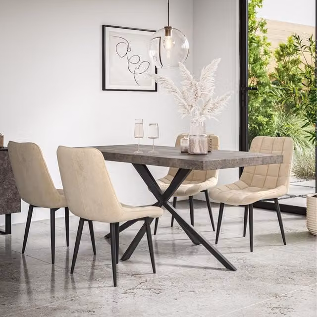 More4Homes Donni Dining Table and 4 Nova Velvet Chairs in Beige and Black with Concrete Effect Finish, W/D/H: 160 x 80 x 76 cm