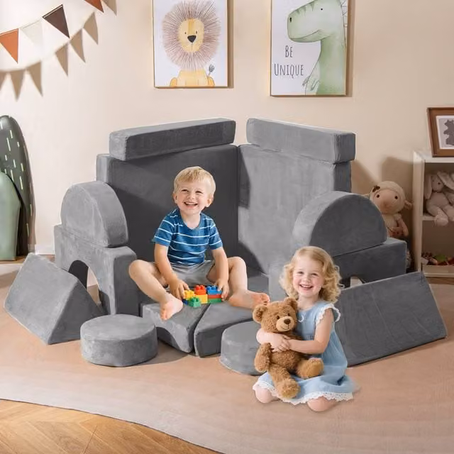 Costway 14 Piece Modular Kids Play Couch Sectional Sofa in Grey Microfibre Fabric