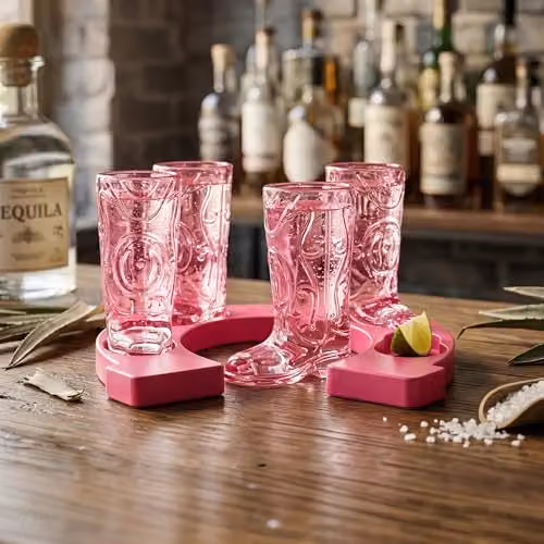 Final Touch Pink Horseshoe Boot Shot Glass Set with 4 x 30 ml Cowgirl Boot Glasses and Horseshoe Serving Tray – 2